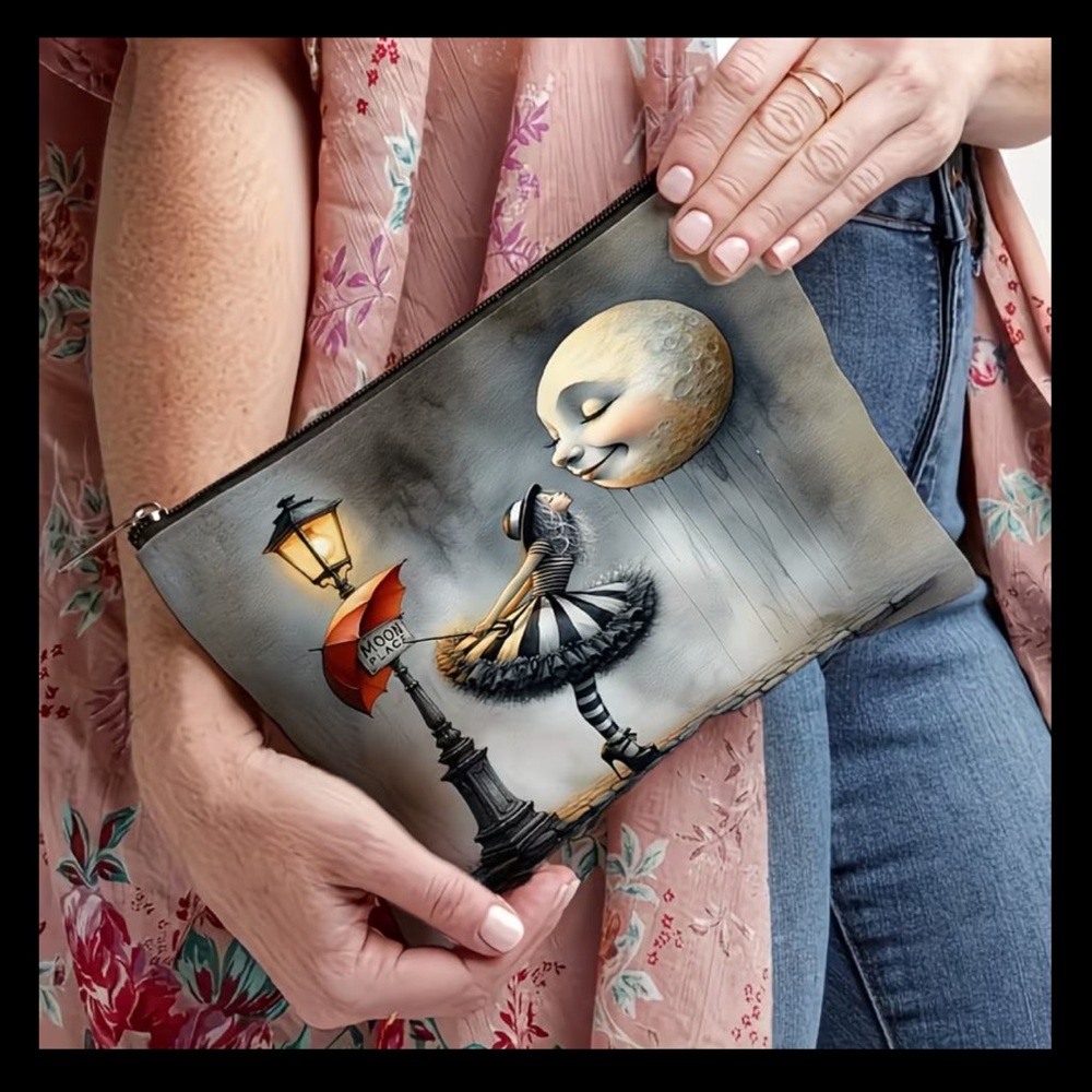 Whimsical Moonlit Girl Cosmetic Pouch - Gray & Black with Red Accent - Picture 2 of 5